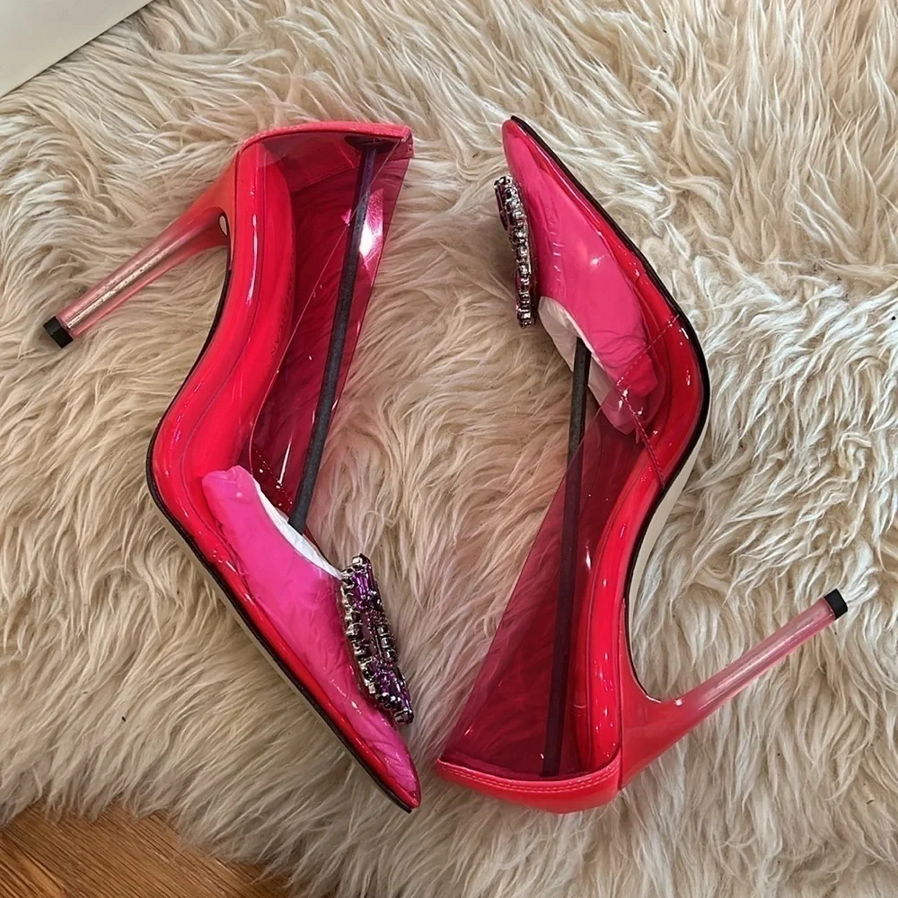 Good American Cinderella crystal pump hot pink stiletto heels size 8 new in box